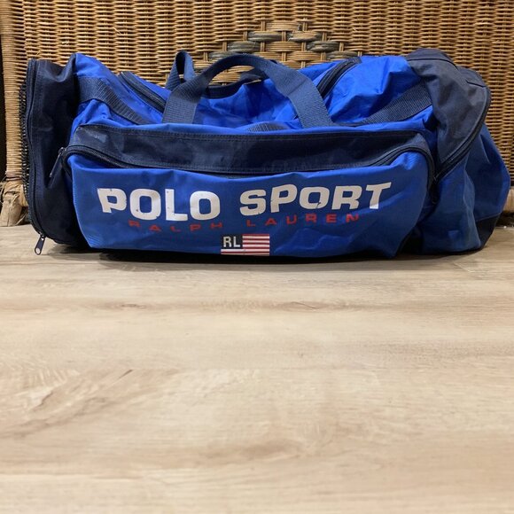 Vintage 90's Polo Sport Ralph Lauren Gym Duffle Bag Blue Black Flag Logo Straps - Picture 1 of 7